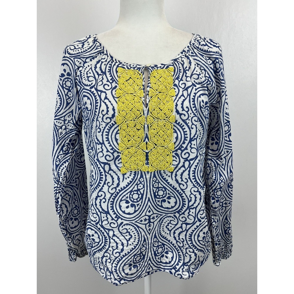 Talbots Beaded Top Shirt Sz Small Womens Beach Cruise Lightweight Blue White